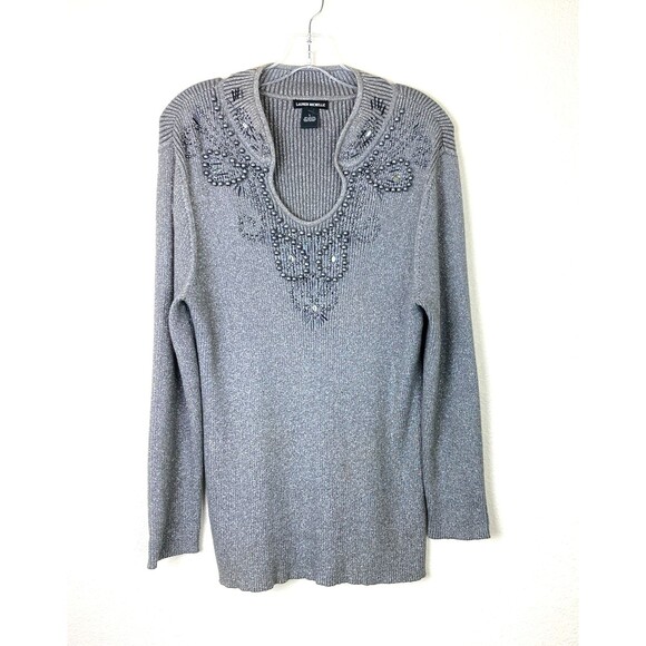 Lauren Michelle Metallic Beaded Shirt Size L Gray Silver Stretchy Knit Party - Picture 2 of 9